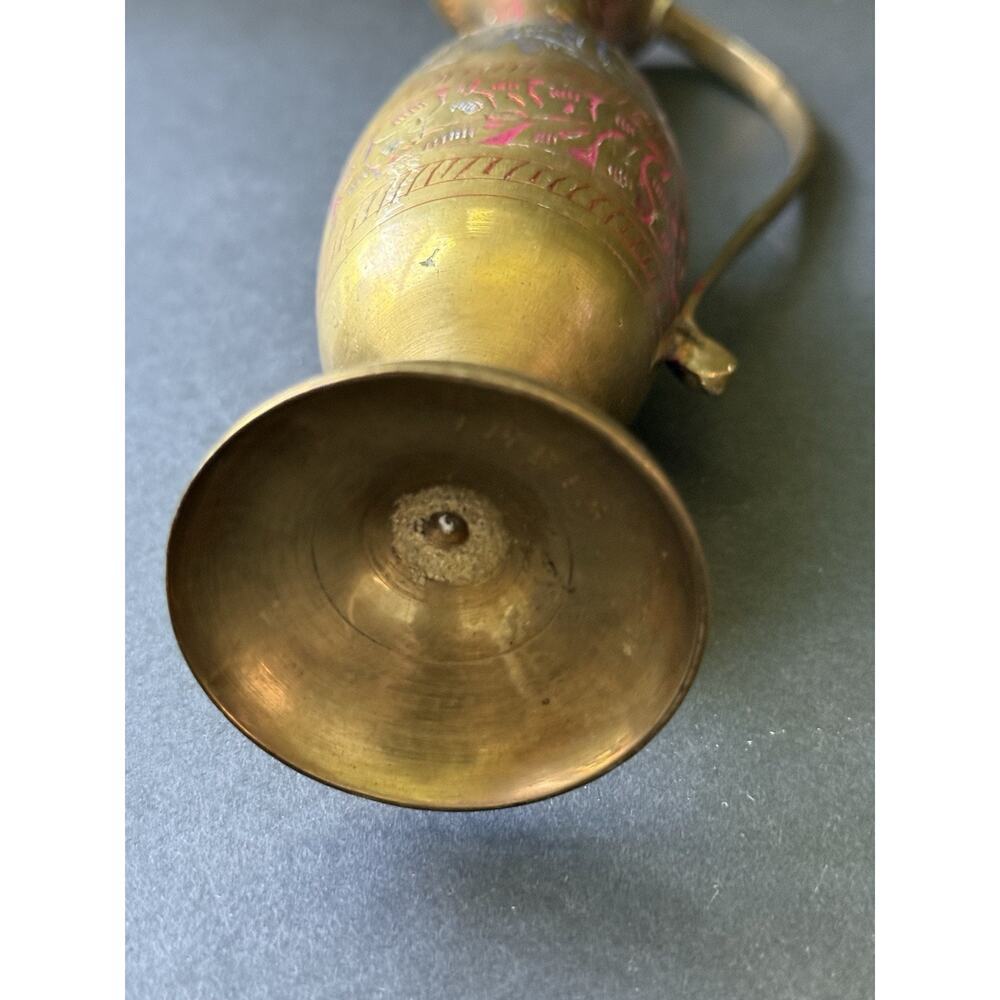 Vintage Etched Brass Pitcher Vase Vessel Engraved Handle Floral Boho Handcrafted - Picture 5 of 7